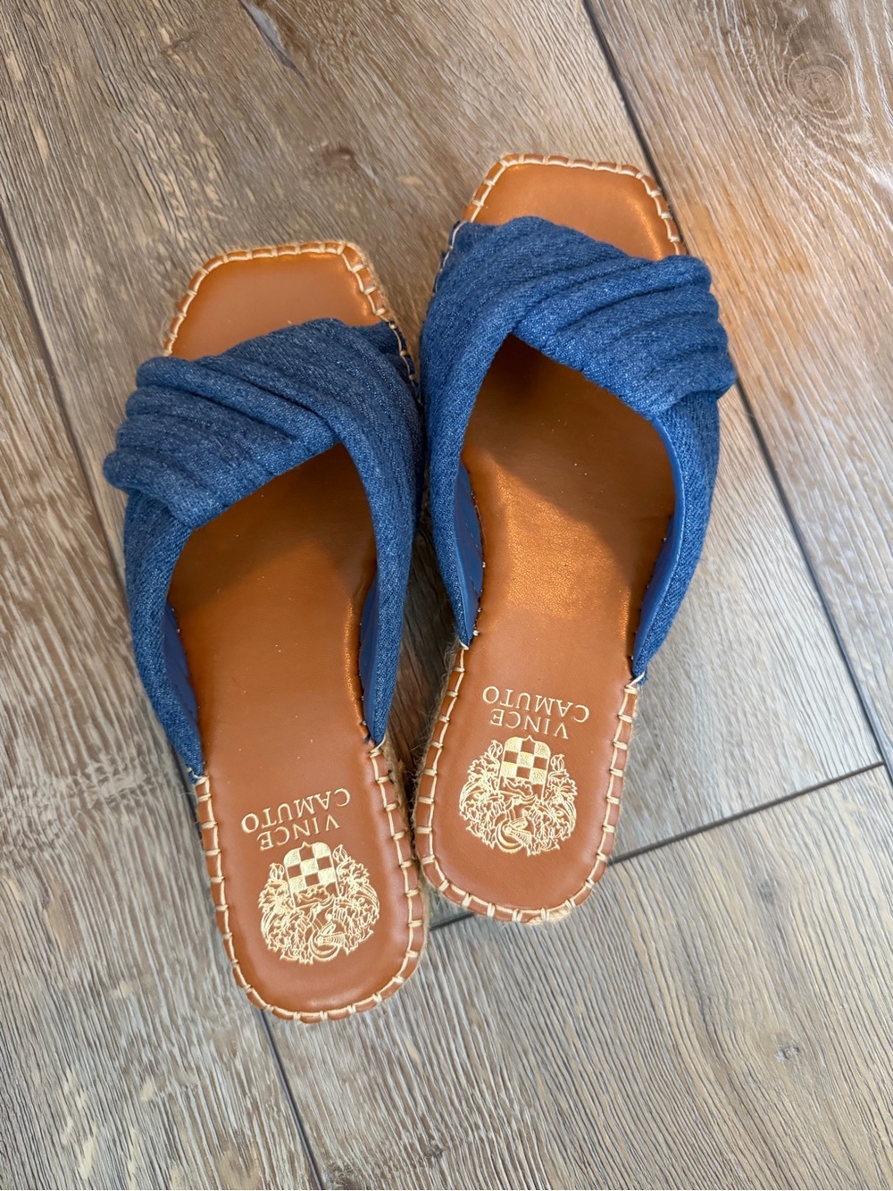 Vince Camuto Melysa Crossband Slide Sandals in the indigo denim colorway